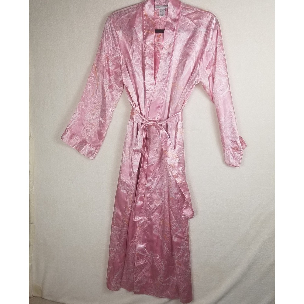 Morgan Taylor Paisley‎ Satin Robe Womens M Pink Good Belted Long Wrap Pockets